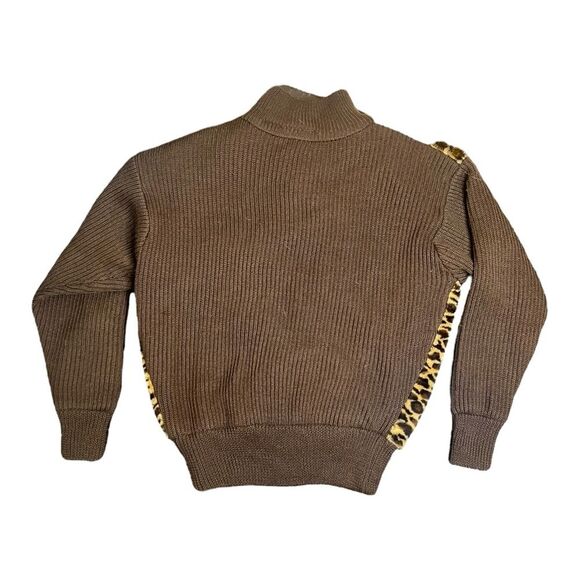 Vintage Marshall Rousso Zip Faux Cheetah Fur Brown Ribbed Sweater Size Large - Picture 2 of 6